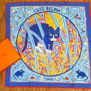 HERMES Carre 90 CAVE FELEM Scarf Silk Blue Cat But